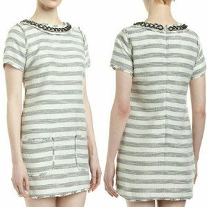 Michael Kors Tweed Stripe Dress, white black, chain neckline details, sz 10